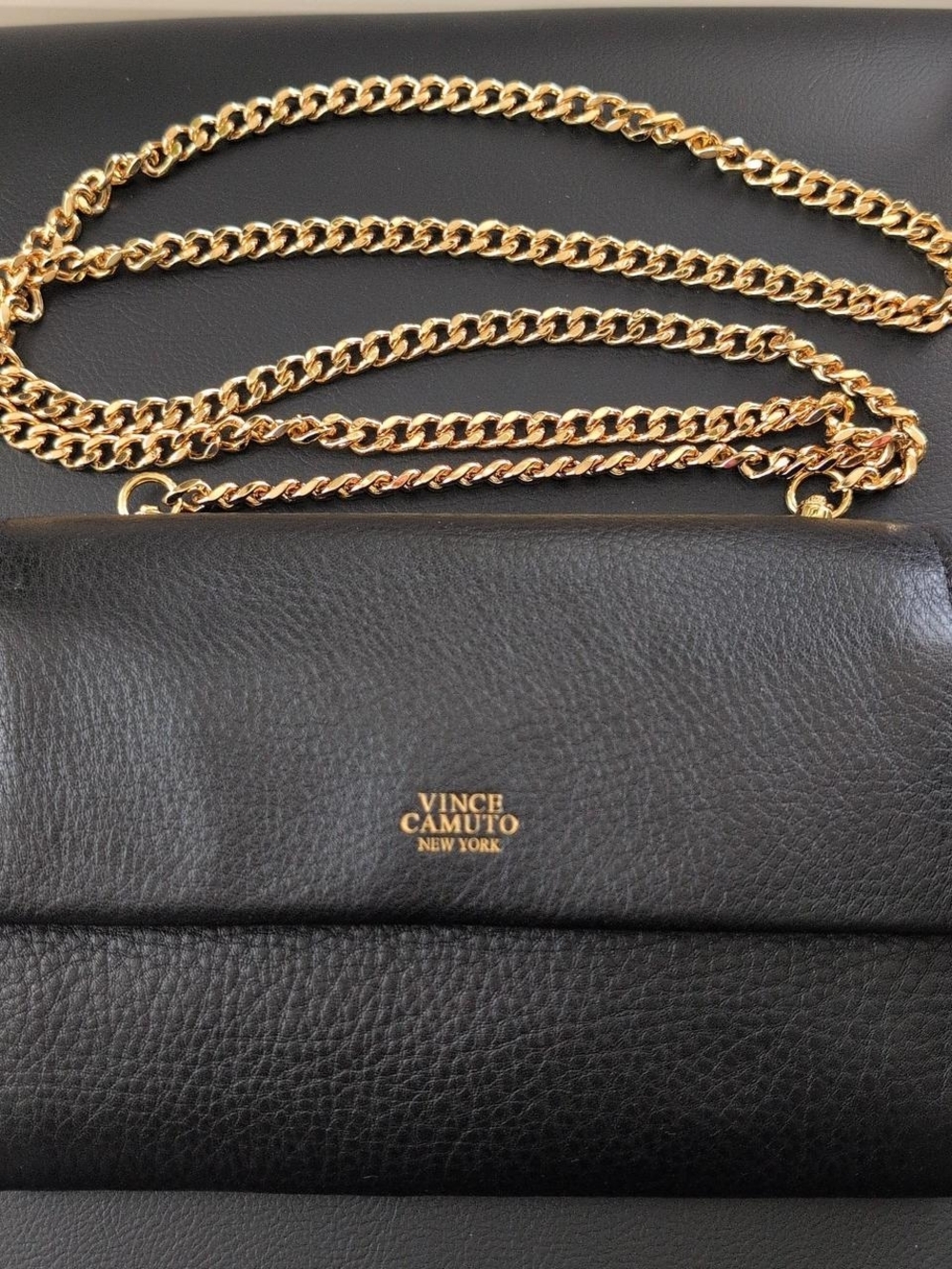 Vince Camuto Black Leather Crossbody with Gold Chain Strap
